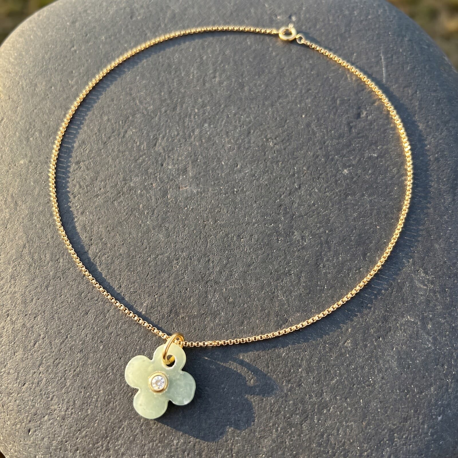 Green Aventurine Clover with Clear Crystal Bezel